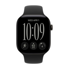 Apple Watch Series 12 GPS 46mm in black aluminium case with black Sport Band, digital watch face displaying time and fitness metrics.