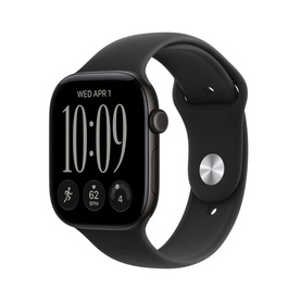 Apple Watch Series 12 GPS 46mm with black aluminium case and black sport band, digital watch face displaying time and fitness data.
