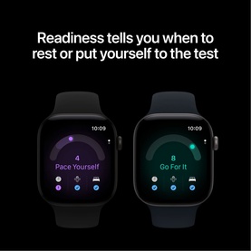 Apple Watch Series 12 GPS 46mm Black Case Black Sport Band displaying Readiness feature with Pace Yourself and Go For It activity scores