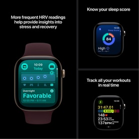 Apple Watch Series 12 GPS 46mm showing HRV insights, sleep score and workout tracking screens on a dark-banded smartwatch.