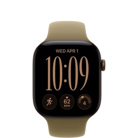 Apple Watch Series 12 GPS 46mm in dark bronze case with olive sport band S/M, displaying time and fitness stats on screen
