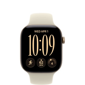 Apple Watch Series 12 GPS 46mm in light gold aluminium case with sand sport band, displaying time and fitness data on screen.