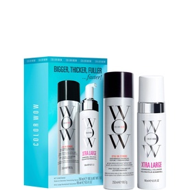 Color Wow Bigger, Thicker, Fuller hair care set with two sprays and packaging, white and pink design