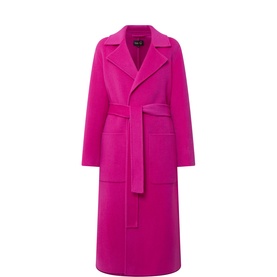 FeeG magenta wool coat with wide lapels, self-tie belt, and patch pockets, midi length
