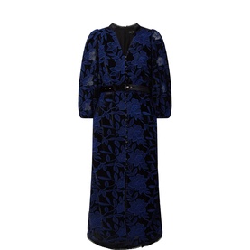 FeeG black velvet floral jacquard midi dress with puff sleeves, V-neckline, and belted waist