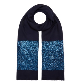 FeeG navy shawl with bright blue sequin embellished centre band on a lightweight woven fabric