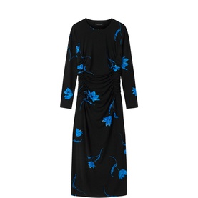 Whistles black midi dress with blue floral print, long sleeves, and ruched front detail, displayed as a flat lay.