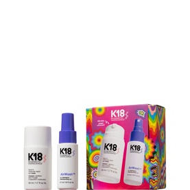 K18 Hair Care Set containing two products in white bottles with colourful retro-print gift box packaging