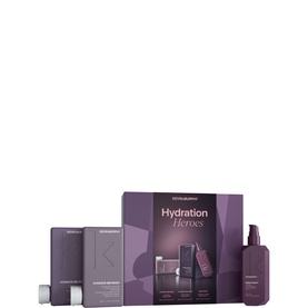 Kevin Murphy Hydration Heroes hair care gift set with purple shampoo, conditioner and treatment bottles on branded box