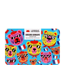 Le Chocolat Des Fran&ccedil;ais Oursons Guimauve multicoloured illustrated tin featuring cartoon bears with sunglasses and French flags