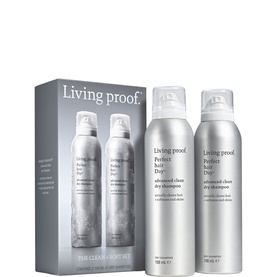 Living Proof Perfect Hair Day Advanced Clean Dry Shampoo duo set, two silver aerosol cans with branded gift box