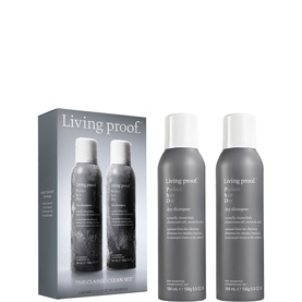 Living Proof Perfect hair Day Dry Shampoo duo set, two grey aerosol cans in matching branded packaging