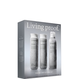 Living Proof The Instant Volume Set, three grey aerosol haircare bottles in branded gift box packaging