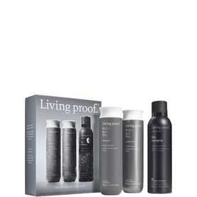 Living Proof Perfect hair Day Set with shampoo, conditioner and dry shampoo spray, presented in grey gift box