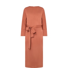 MeiMeij Zucca viscose midi dress with long sleeves, boat neckline, and self-tie belt, in terracotta orange
