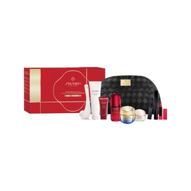 Shiseido Blockbuster Skincare Cleansing Gift Set with red box, black quilted pouch, and multiple skincare minis