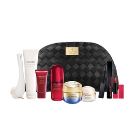 Shiseido Blockbuster Skincare Cleansing Gift Set with black woven cosmetic bag, serums, moisturiser, cleanser, and lip colour