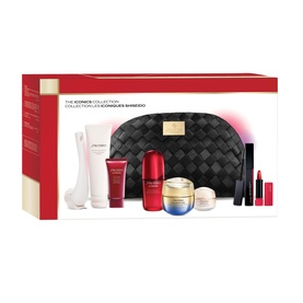 Shiseido Blockbuster Skincare Cleansing Gift Set with black quilted pouch, skincare bottles, cream, and red lipstick
