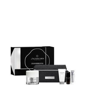 Shiseido Total Age Defence Men's Skincare Gift Set with cream jar, miniatures, and black cosmetic pouch on white background