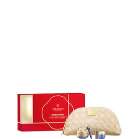 Shiseido Vital Perfection gift set with cream jars and gold woven pouch in red branded box