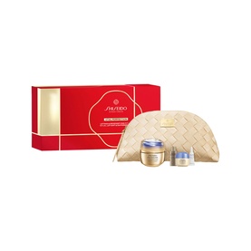 Shiseido Vital Perfection gift set with two cream jars and gold woven cosmetic pouch in red gift box