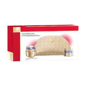 Shiseido Vital Perfection skincare gift set with two cream jars and gold woven cosmetic pouch, in branded red box