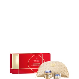Shiseido Vital Perfection gift set with two cream jars and gold woven cosmetic pouch in red gift box