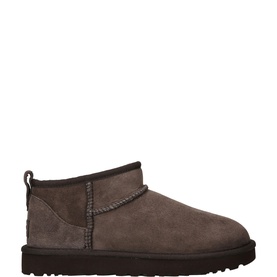 UGG Australia Classic Ultra Mini boot in brown suede with shearling trim and chunky dark rubber sole
