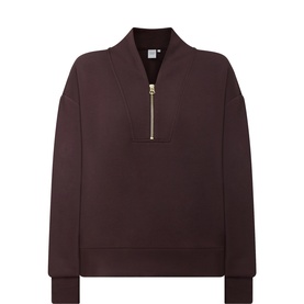 Varley Davidson Half-Zip Sweatshirt in Coffee Bean with gold-tone zip, shawl collar, dropped shoulders, and deep ribbed cuffs