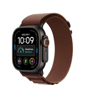 Apple Watch Ultra 4 49mm black titanium case with burgundy Alpine Loop band, activity and readiness data on display