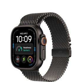 Apple Watch Ultra 4 49mm black titanium case with black Milanese mesh loop band, displaying fitness activity watch face