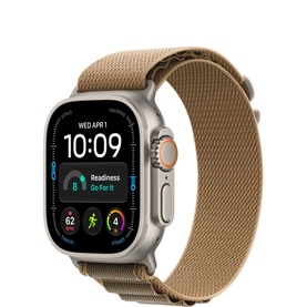 Apple Watch Ultra 4 49mm Natural titanium case with tan Desert Alpine Loop band, digital watch face displayed
