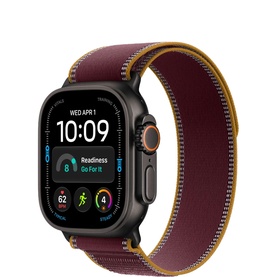 Apple Watch Ultra 4 49mm black case with burgundy and gold Trail Loop S/M band, digital watch face displaying time and activity stats