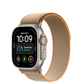Apple Watch Ultra 4 49mm Natural titanium case with Sand Trail Loop S/M band in beige and orange, digital watch face displayed