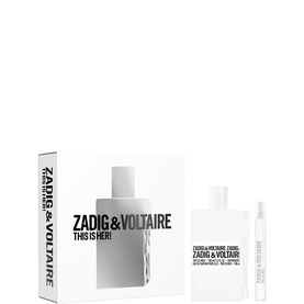 Zadig & Voltaire This Is Her! Eau De Parfum Gift Set 50ml, white box with EDP bottle and travel spray vial