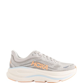 Hoka Bondi 9 Trainers in River Rock Grey Mineral, breathable knit upper, lace-up, chunky white cushioned sole with pale blue stripe