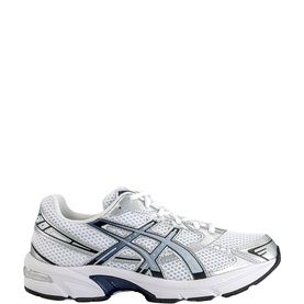 Asics GEL-1130 Trainers in White Storm Cloud, lace-up with synthetic leather panelling, silver GEL branding and navy accents on rubber sole