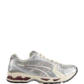 Asics GEL-Kayano 14 Trainers in Ivory Cream with silver overlays, burgundy branding, mesh panels, and chunky rubber sole