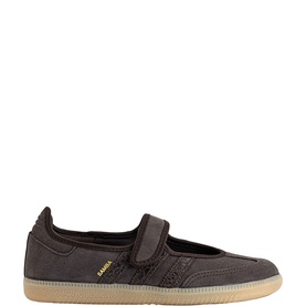 Adidas Samba Jane Trainers in Aurora Coffee Gold Metal, velcro strap, suede overlays, leather upper, gum rubber sole