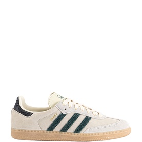 Adidas Samba OG Trainers in Cream White with dark green suede three-stripe detail, gum rubber sole, and lace-up fastening