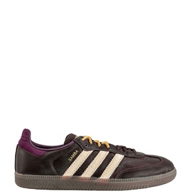 Adidas Samba OG Trainers in Brown Warm Vanilla Maroon, full-grain leather upper, gold foil detailing, cream stripes, gum rubber sole