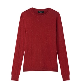 Whistles red marl fine knit crew neck jumper with long sleeves, laid flat on white background.