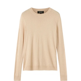 Whistles beige fine knit crew neck jumper with long sleeves, relaxed fit, shot flat on white background.
