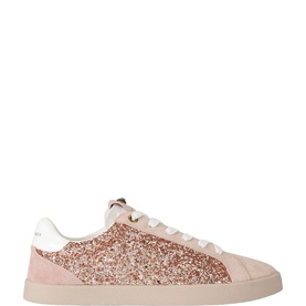 Kurt Geiger London low-top trainer in rose gold glitter with blush pink suede panels, white lace-up front and cream rubber sole