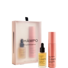 Champo Hair Growth & Repair Set, two-piece hair care collection in pink gift box with dropper serum and spray bottle