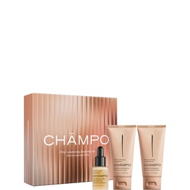 Champo hair care gift set in blush pink box with oil serum and two hair treatment tubes
