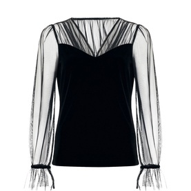 Phase Eight black velvet top with sheer mesh long sleeves and V-neckline, tie cuff detail
