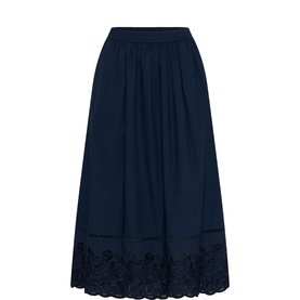 Navy blue midi skirt with elasticated waist and floral broderie anglaise cutwork hem border