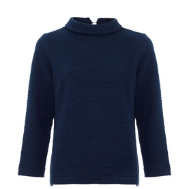 Phase Eight blue textured knit top with funnel neck, three-quarter sleeves, and back button detail