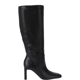 Steve Madden black leather knee-high stiletto heel boots with pointed toe and smooth shaft, side profile view